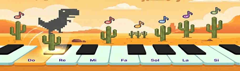 Dino Piano — a cosmic dinosaur dancing on glowing piano keys